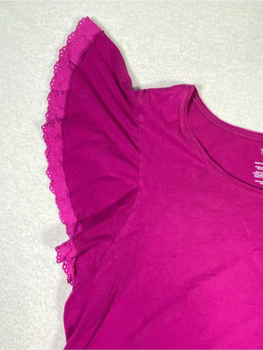 Time And Tru T-Shirt Women's XXL Fushia Short Flutter Sleeve Eyelet Lace Trim - Picture 3 of 8